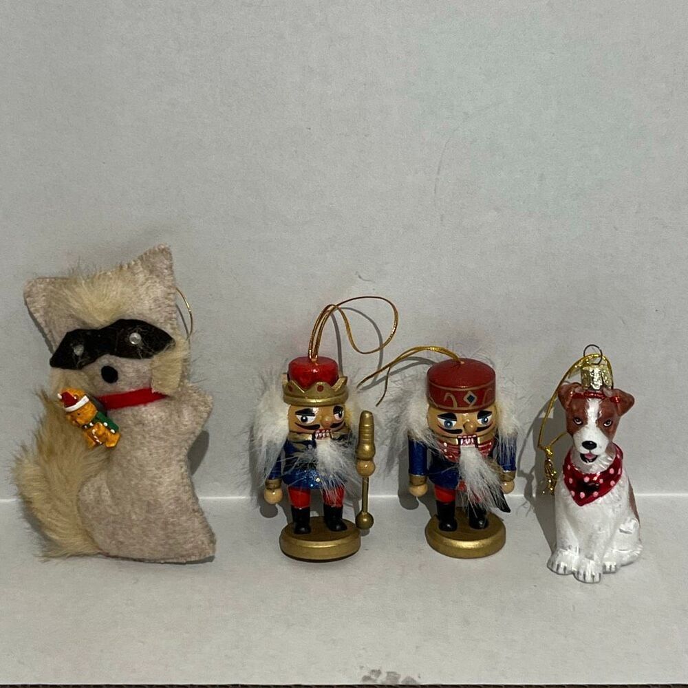 4-Piece Holiday Ornament Collection Raccoon Nutcracker Pair & Dog Multicolor